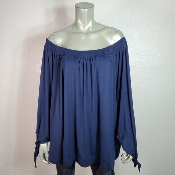 Chaps Top Plus Size 3X Off Shoulder Tie Sleeve Stretch Pullover Long Sleeve Blue - Picture 2 of 5